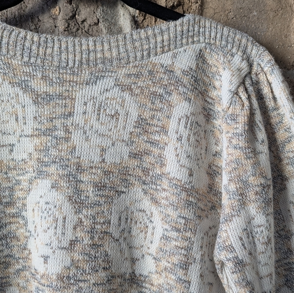 VTG 70s Neutral Pastel Roses Pinup Sweater Puff Sleeve Wide Neck XS Coquette - Picture 2 of 5